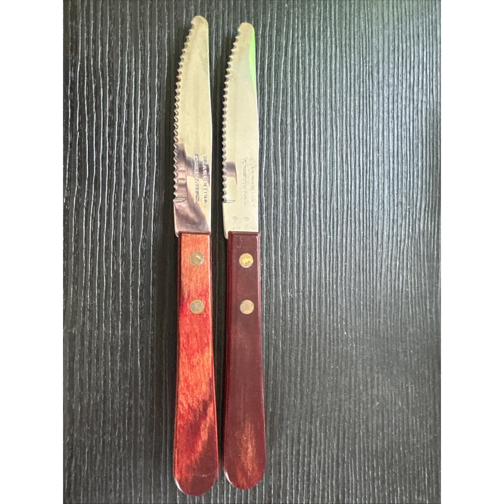 Set of 2 Tramontina Stainless Brazil Wood Handle Steak Knives 4" Serrated Blade